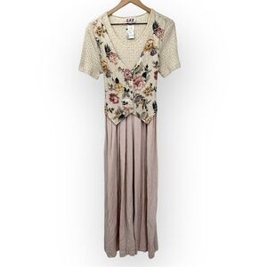 Floral Patchwork V-Neck Midi Dress Mauve Short Sleeve Size 14 Vintage